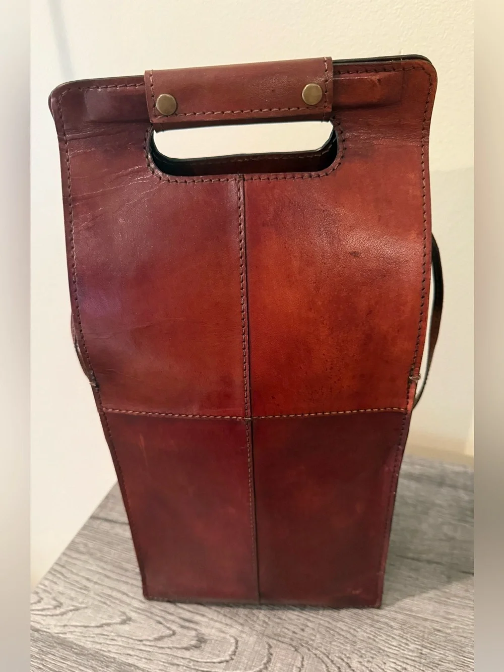 Vintage Genuine Leather 2 Bottle Wine Carrier Cognac Brown w/ Divider And Strap